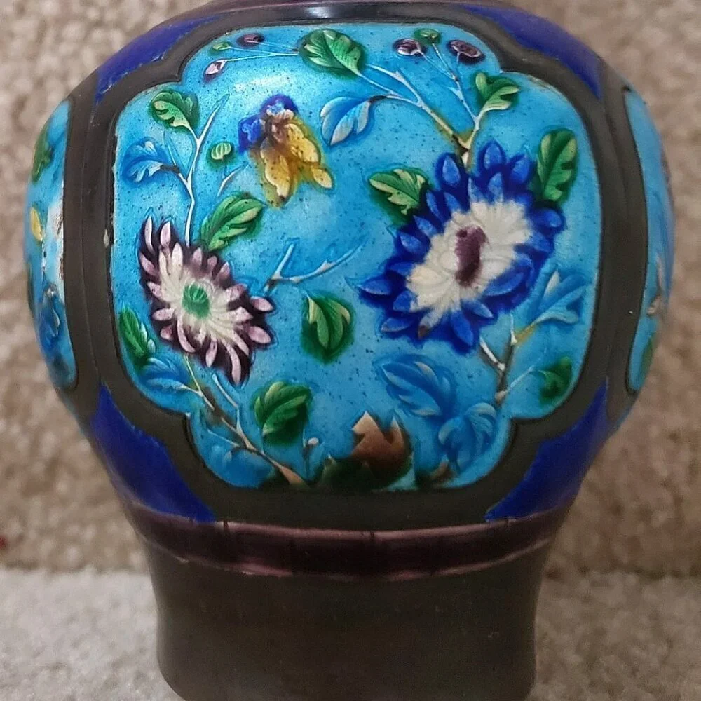Small Vintage Cloisonne Genuine Silver Antique Natural Patina  Floral Vase Set